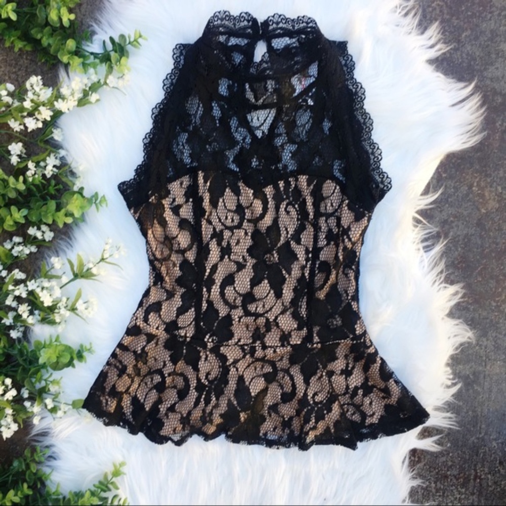 FORA NWT Black Lace and Pink Peplum Top